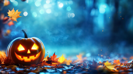 Naklejka premium Halloween background with pumpkins and leaves