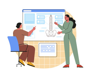 Posture correction concept. Women near medical infographics of spine scheme and structure. Biology and anatomy. Healthcare and medicine. Flat vector illustration