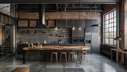 Interior of modern living room with black leather sofa and wooden stairs