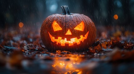 A glowing jack-o'-lantern amidst autumn leaves in the rain.