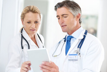 Fototapeta premium Mature doctor, man and woman with tablet, reading and solution with research, telehealth or advice. People, partnership and digital touchscreen for healthcare, report or review for wellness in clinic