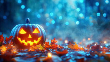 Fototapeta premium Halloween background with pumpkins and leaves