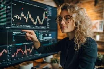 Young woman analyzing stock market data on computer screen in a modern workspace during the day