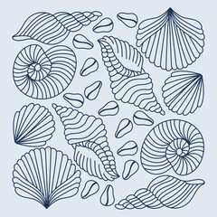 Hand illustration of a pattern of seashells background