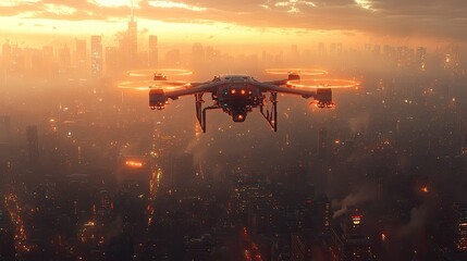 Electric drone flying over a cityscape, equipped with sensors and cameras