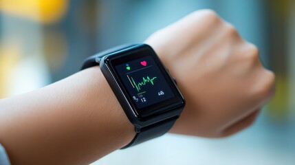 Blood pressure monitoring with a smartwatch, showing health data on a sleek device worn on the wrist
