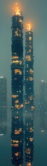 A stunning view of illuminated skyscrapers reflecting in the water, creating a mesmerizing urban landscape at dusk.