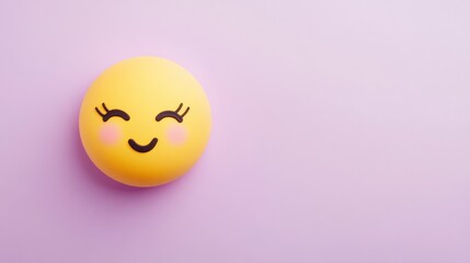 Fototapeta premium Blushing emoji with shy expression on a pastel purple background, ideal for cute and endearing designs.