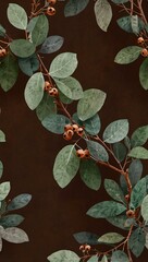 Eucalyptus branches with brown berries on a brown background.