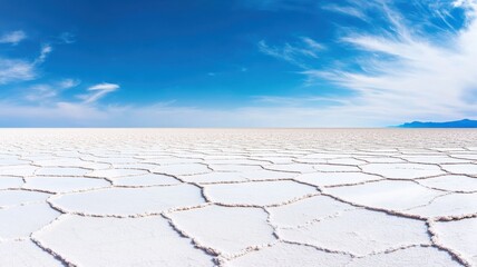 A stunning view of a cracked salt flat under a vast blue sky, showcasing nature's unique patterns and serene beauty.