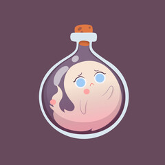 Cute Halloween ghost character in a bottle, pleasant charming adorable creature. Funny magic kawaii demon, mystery creative nowadays vector clipart.