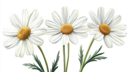 Fototapeta premium Delicate chamomile flowers with white petals and vibrant yellow centers create serene and calming atmosphere, perfect for nature lovers