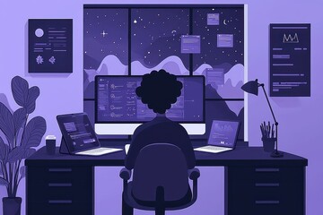 Person working late into the night at a computer desk in a dark office