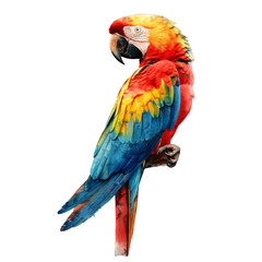 Fototapeta premium A striking scarlet macaw with vibrant red, blue, yellow, and green plumage, isolated against a white background.