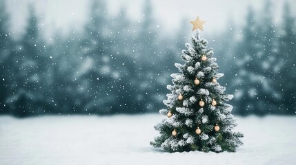Obraz premium Snowy forest backdrop with a beautifully decorated Christmas tree as the focal point
