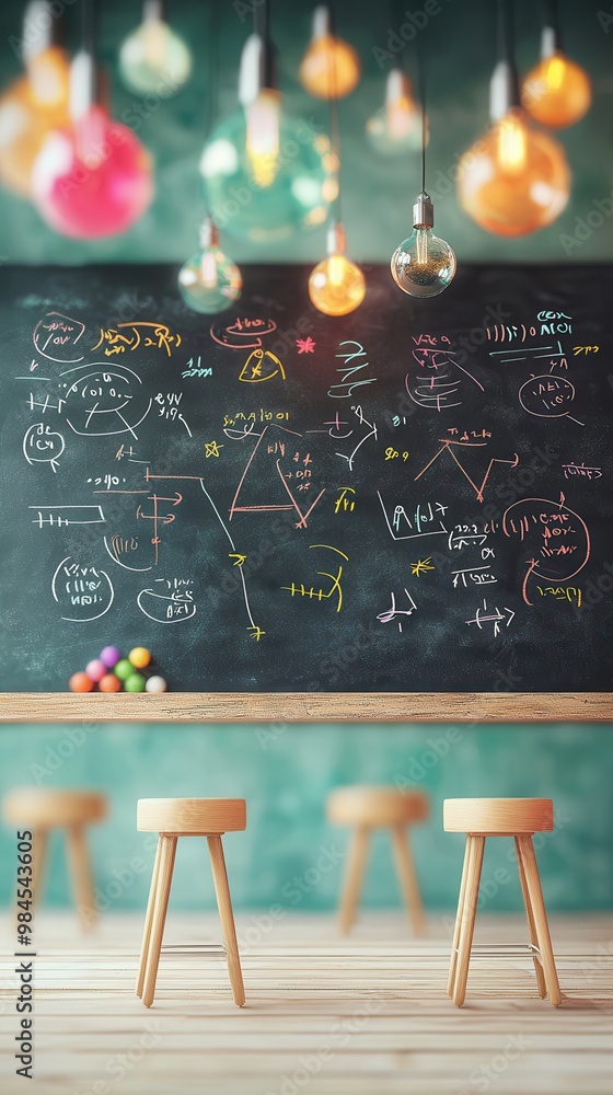 Sticker Blackboard with Math Equations and Wooden Stools.