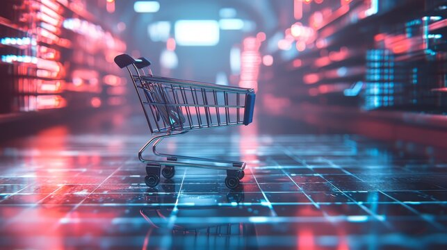 Futuristic empty shopping cart on glowing digital floor with skyscrapers and displays illuminated at night
