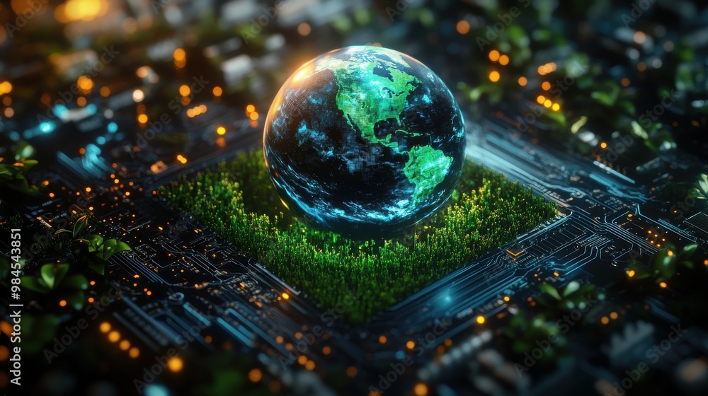 Wall mural 3d rendering of a digital earth hologram floating on top of an electronic chip platform with glowing