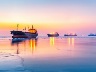 Obraz premium A serene sunset over calm waters with cargo ships silhouetted against a colorful sky, reflecting vibrant hues on the surface.