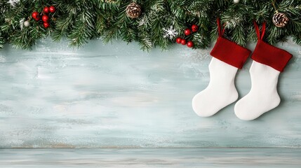 Stockings hanging in a winter wonderland Christmas backdrop, ready for the holiday season