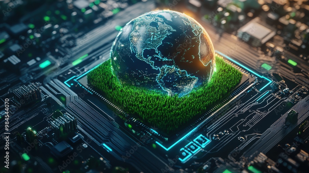 Wall mural 3d rendering of a digital earth hologram floating on top of an electronic chip platform with glowing
