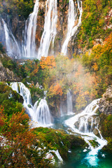 Picturesque autumn waterfall in Plitvice lakes