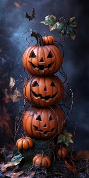 Three stacked Halloween pumpkins create a spooky atmosphere. Each pumpkin features a unique carved face. This festive decoration is perfect for Halloween celebrations. AI