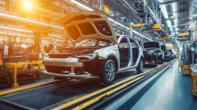Lean Strategies in Automotive Production, showcasing efficient workflows, organized workstations, streamlined processes, and collaboration among skilled workers in a modern factory setting