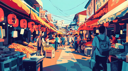 A bustling asian market in pop art style, bold colors, stylized food stalls, and exaggerated figures. Street Market. Illustration