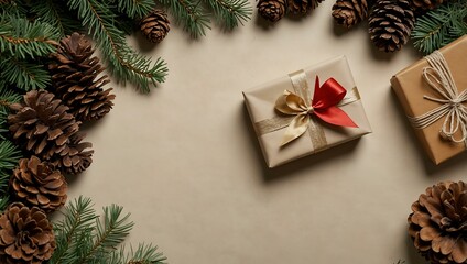 Festive flat lay with gifts, pine cones, and holiday decor on beige.