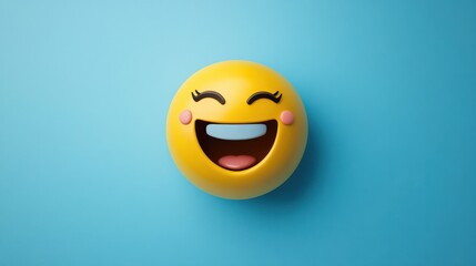 Fototapeta premium Laughing emoji with tears on a pastel blue background, capturing humor and joy, ideal for funny designs.
