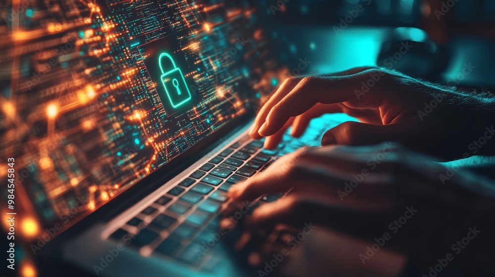 Poster a skilled cyber security expert works remotely, focusing on effective data protection strategies and