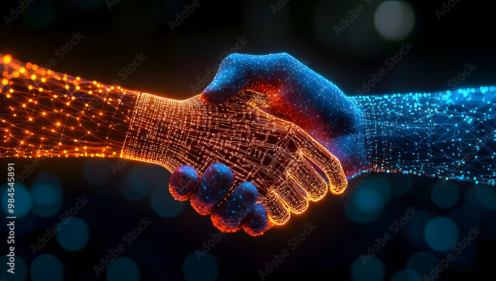 Poster both hands shaking, one is an ai robot and the other is a human, with quantum circuits superimposed,