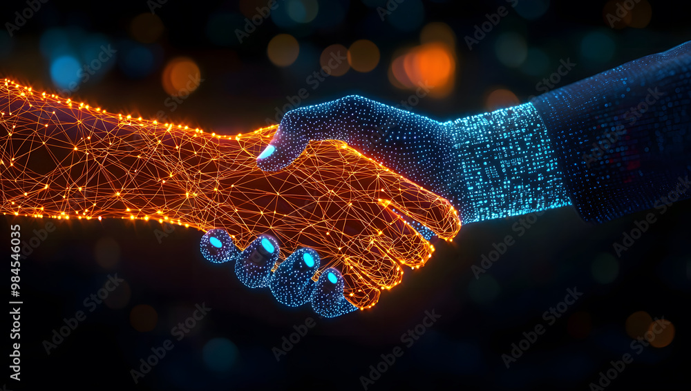 Poster both hands shaking, one is an ai robot and the other is a human, with quantum circuits superimposed,