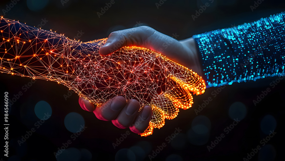 Poster both hands shaking, one is an ai robot and the other is a human, with quantum circuits superimposed.
