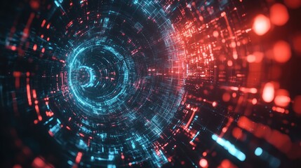 Fototapeta premium Abstract digital tunnel with glowing blue and red particles, suggesting technology and motion.