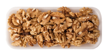 Walnut in a white plate. Healthy eating concept. Top view. Isolated object on transparent background