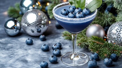 A stunning blueberry margarita showcases vibrant colors in an elegant glass, garnished with fresh berries and mint, perfectly set in a chic cocktail bar atmosphere