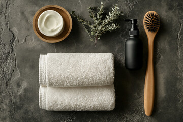 Luxurious bath essentials include towel, brush, cream, and bottle on a textured surface.