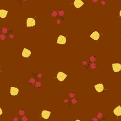 Yellow birch leaves and red berries on a terracotta background. Seamless pattern, flat style. Vegetable background for paper, gift wrap, textile,  interior decor.