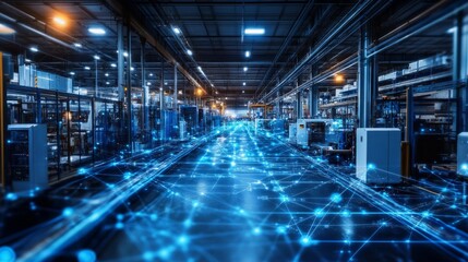 Smart Manufacturing Network Security, showcasing advanced technologies protecting data integrity, illustrating interconnected systems and robust cybersecurity measures in a modern industrial setting