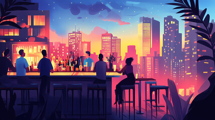 A bustling urban rooftop bar with people enjoying drinks and a stunning cityscape view. Rooftop View. Illustration