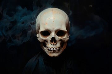 Scary dark Halloween horror illustration with Grim Reaper Death standing against on the blackmisty  background. Scary dead human skull skeleton Samhain spooky gothic art post card illustration.