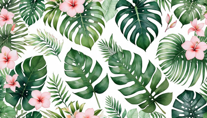  foliage pattern jungle green seamless leaves hand flowers white tropical painted floral tropic background illustration border blush watercolor abstract background reddening border botanical tree