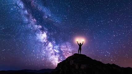 A silhouette of a person on a mountain, reaching for the stars under a stunning Milky Way night sky.