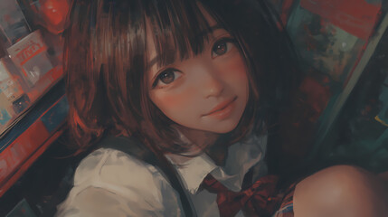 A cute Japanese high school girl with short hair is wearing a white blouse and a black blouse, a plaid skirt, suspenders around her waist, posing for photos in front  an anime-style convenience store