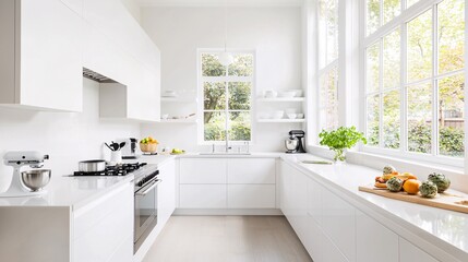 A beautifully renovated kitchen featuring modern cabinetry and high-end appliances, with light streaming in from large windows, portraying a bright and inviting atmosphere. The countertop displays