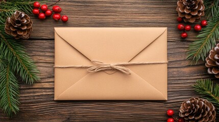 An elegant Christmas letter tied around an envelope rests on rustic wood, surrounded by evergreen branches, snowflakes, and scattered red berries, enhancing the festive ambiance