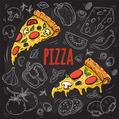 Illustrations of pizza and ingredients on a black board. Italian cuisine set. Pizza illustration on doodle style. Vector