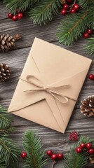 An elegant Christmas letter tied around an envelope rests on rustic wood, surrounded by evergreen branches, snowflakes, and scattered red berries, enhancing the festive ambiance